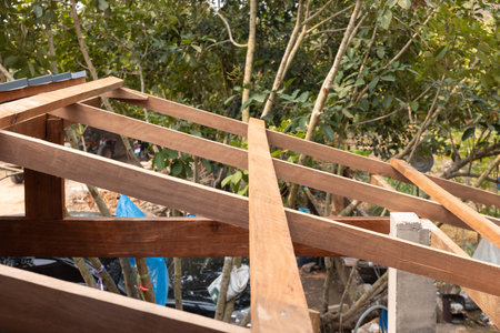 Wood structure frame under construction or installation for roof building consist of member i.e....