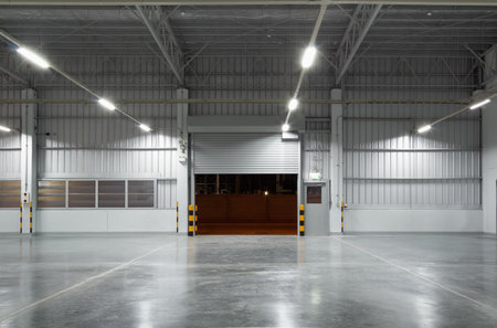 Concrete floor and shutter door inside industrial building at night. To construction for factory or...