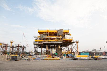 Oil rig under construction onshore. To assemble steel structure platform by lifting . Heavy industry...