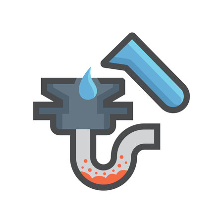 Vector icon illustrating clogged removal in floor drain or pipe using chemical cleaner. Maintenance solution for drainage water flow. Ideal for plumbing services, home repair.のイラスト素材