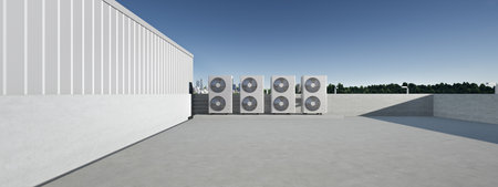 3D rendering panoramic view of air conditioning parts installed on rooftop of industrial building. Empty concrete floor space suitable as background for cooling system utilities.の写真素材