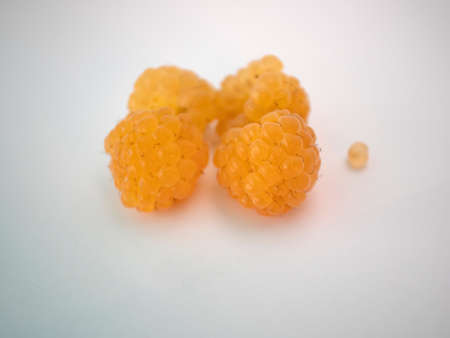 Yellow raspberry. Berry on white background. Isolate oneself. Several.の写真素材