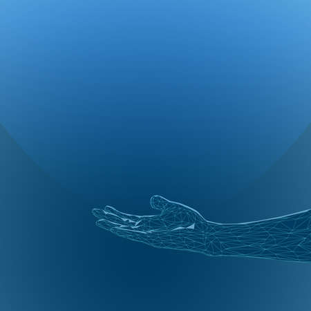 Abstract image of a human hand. The emission of light upwards. 3D. Polygon gridのイラスト素材
