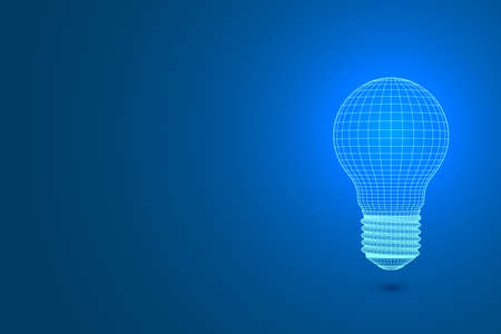 A light bulb from polygons on a blue background emits light. Vector illustration.3D.のイラスト素材