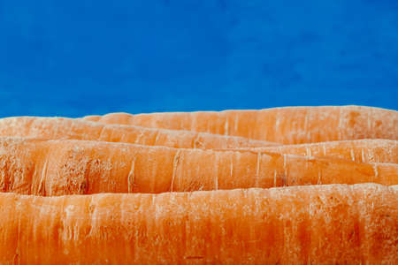 Fresh carrots on a blue background. Close-up. Copy space.の写真素材