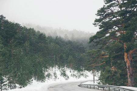 High mountain road. Mountain landscape with snow. Road trip trough the mountains. Road in the forest. View of the mountain road in Navacerrada.の写真素材