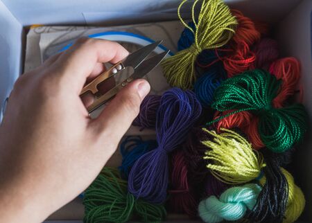 embroidery materials inside a boxの写真素材