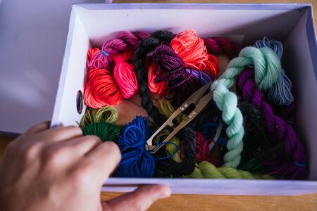 embroidery materials inside a boxの写真素材