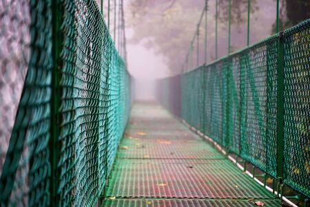 Hanging bridge in a misty day in Monteverde, Costa Ricaの写真素材