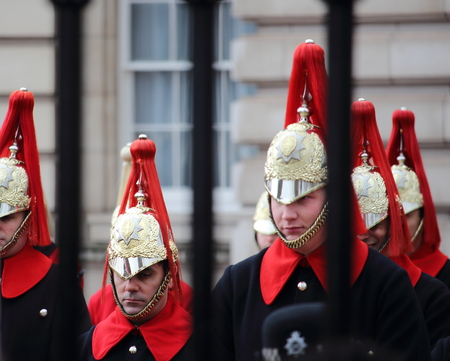 Buckingham Palace, London - February 15th of 2015: Trumpeters of the Royal Guard get ready to march...