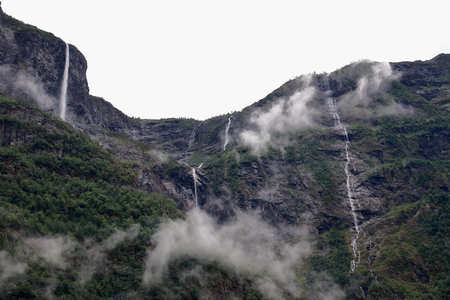 Main view of Kjelfossen Waterfalls from Gudvangen village, Sogn og Fjordane, Norway.の写真素材