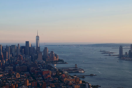 Hudson Yards, NYC, USA - August the 21st of 2022: Aerial view of New York City skyline from The Edge building observation deck, NYC, USA.の写真素材