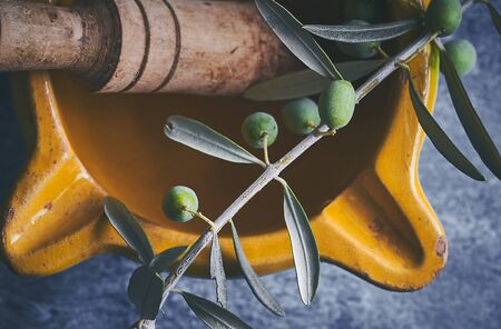 Yellow mortar to make a sauce called allioli, typical of Catalonia. Spainの写真素材