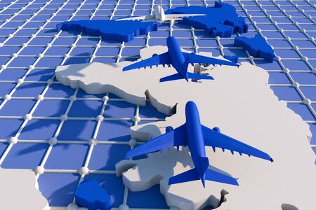 3d Traveling around the world by plane. 3d illustration. Traveling around the world by plane. World Travel conceptの写真素材