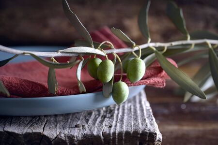 Olive branch in a rustic wooden tableの写真素材
