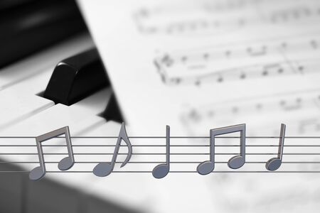 Classic piano and musical sheet . Black and white photo, Musical Backgroundの写真素材