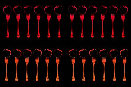 Apples in fork . 3d rendering. 3D illustration. Food wallpaper concept . Black background .