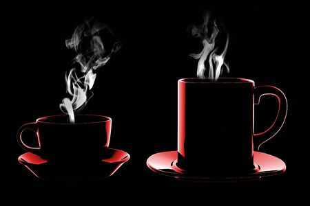 Red coffee mugs with smoke. 3D rendering . 3d illustrationの写真素材