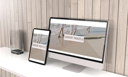 Computer and tablet 3d rendering showing travel agency for seniors responsive web design .3d...