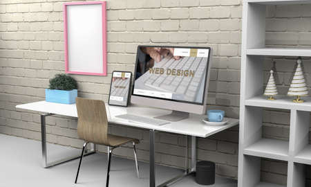 Computer and tablet 3d rendering showing responsive web design .3d illustrationの写真素材