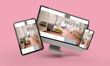 Flying Laptop, mobile and tablet 3d rendering showing hotel responsive web design .3d illustration