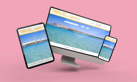 Flying desktop computer, mobile and tablet 3d rendering showing travel senior responsive web design .3d illustrationの写真素材
