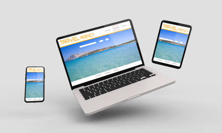 Flying laptop, mobile and tablet 3d rendering showing travel senior responsive web design .3d illustrationの写真素材