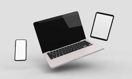 Flying desktop computer, mobile and tablet 3d rendering mockup .3d illustrationの写真素材