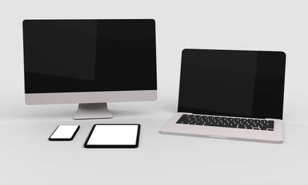 Flying desktop computer, mobile and tablet 3d rendering mockup .3d illustrationの写真素材