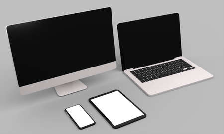 Laptop, desktop computer ,mobile and tablet 3d rendering mockup .3d illustrationの写真素材