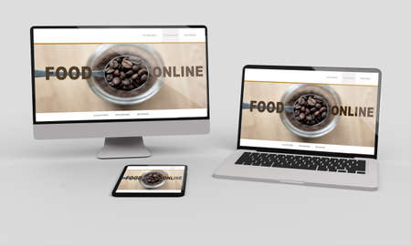 Computer , laptop and tablet 3d rendering food online mockup .3d illustration