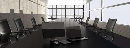 Company office with a big table and electronic devices 3d rendering mockup .3d illustration