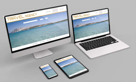 Laptop, desktop computer ,mobile and tablet 3d rendering travel agency website mockup .3d illustrationの写真素材