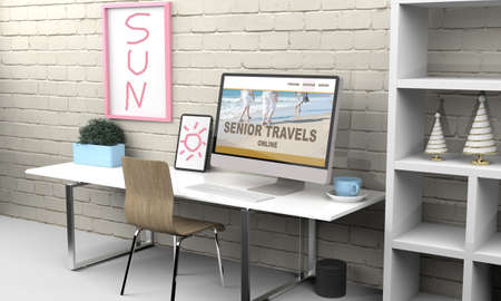 Computer and tablet 3d rendering senior travel agency mockup .3d illustrationの写真素材