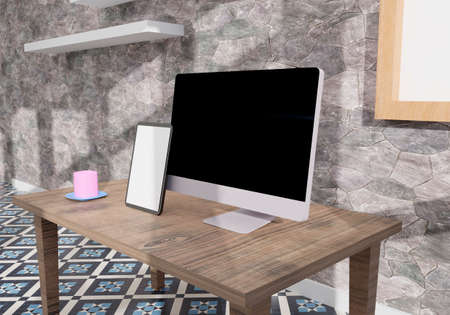Flying desktop computer, mobile and tablet 3d rendering mockup .3d illustrationの写真素材
