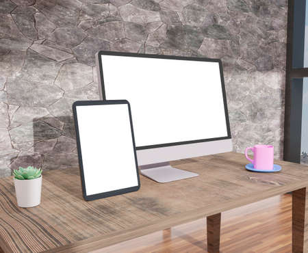 Desktop computer , and tablet 3d rendering mockup .3d illustrationの写真素材