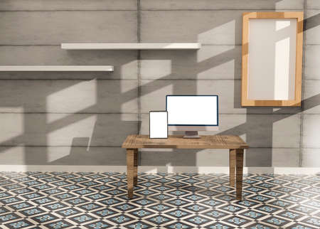 Desktop computer , and tablet 3d rendering mockup .3d illustrationの写真素材