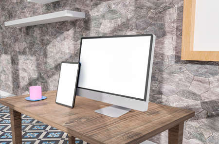 Desktop computer , and tablet 3d rendering mockup .3d illustrationの写真素材