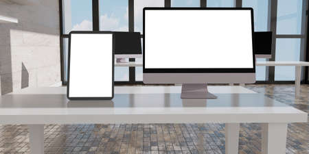 Desktop computer , and tablet 3d rendering mockup .3d illustrationの写真素材