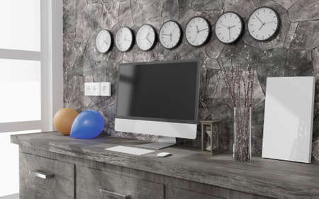 Workspace at home with a desktop computer 3d rendering mockup.Modern technology concept . 3d...