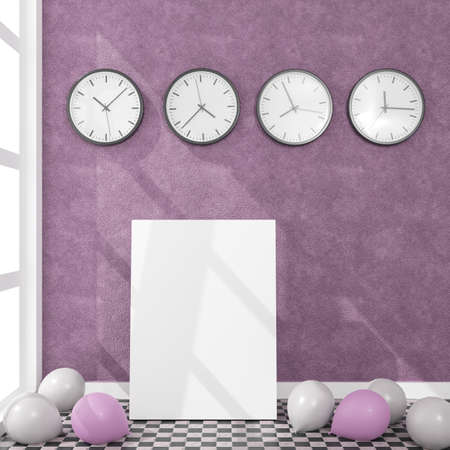 Canvas with some balloons in a daylight room. 3D rendering mockup. 3d illustration.Party conceptの写真素材
