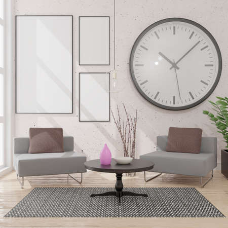 Living room interior background, Scandinavian style, 3D render, 3D illustrationの写真素材
