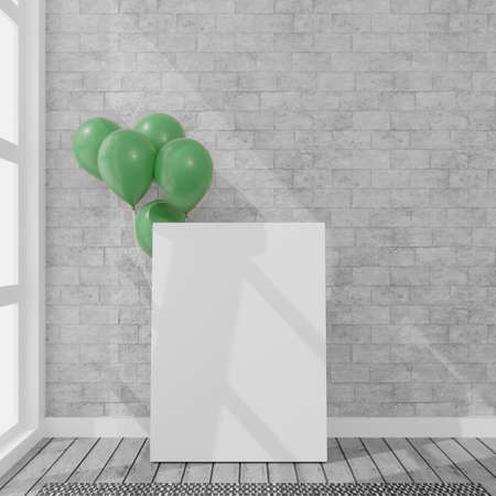 Canvas with some balloons in a daylight room. 3D rendering mockup. 3d illustration.Party conceptの写真素材