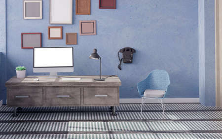 Desktop computer on the table of the office mockup 3d rendering. 3d illustrationの写真素材