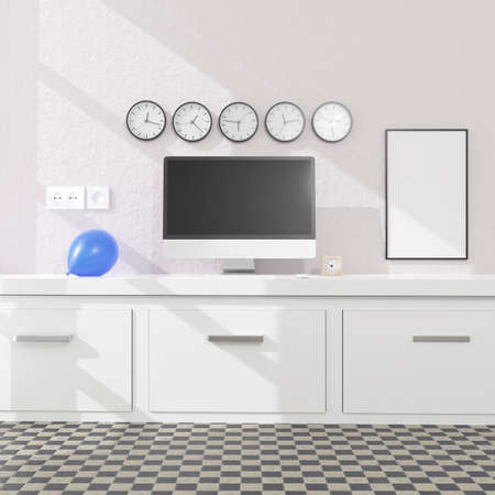 Workspace at home with a desktop computer 3d rendering mockup.Modern technology concept . 3d...