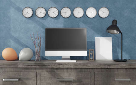Workspace at home with a desktop computer 3d rendering mockup.Modern technology concept . 3d illustrationの写真素材