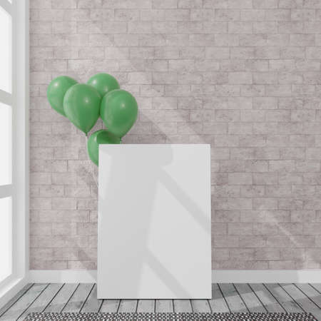 Canvas with some balloons in a daylight room. 3D rendering mockup. 3d illustration.Party conceptの写真素材