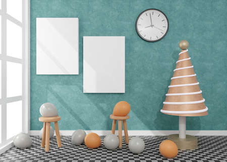 Canvas with some balloons in a daylight room. 3D rendering mockup. 3d illustration.Christmas Party...