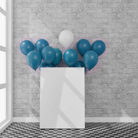 Canvas with some balloons in a daylight room. 3D rendering mockup. 3d illustration.Party conceptの写真素材