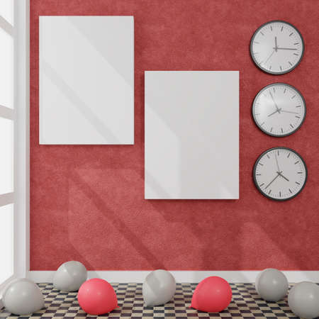 Canvas with some balloons in a daylight room. 3D rendering mockup. 3d illustration.Party conceptの写真素材